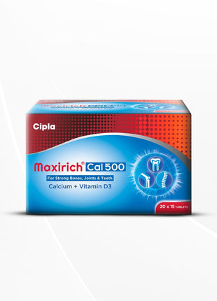 Cipla Maxirich Cal 500 | Calcium 500mg & Vitamin D3 | 15 Strips - 5 pack