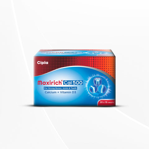 Cipla Maxirich Cal 500 | Calcium 500mg & Vitamin D3 | 15 Strips - 5 pack