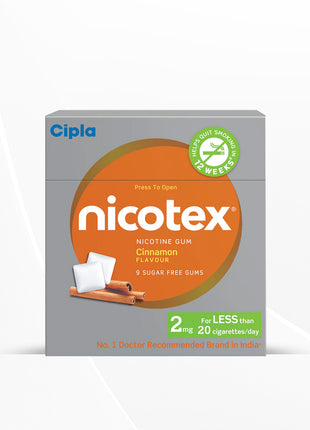 Cipla Nicotex Nicotine Sugar Free Cinnamon Gums 2mg | 12 Gums each pack | Pack of 9