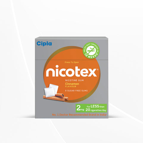 Cipla Nicotex Nicotine Sugar Free Cinnamon Gums 2mg | 12 Gums each pack | Pack of 9