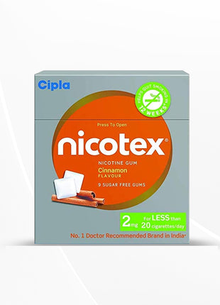 Cipla Nicotex Nicotine Sugar Free Cinnamon Gums 2mg | 9 Gums each pack | Pack of 10
