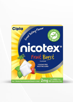 Cipla Nicotex Nicotine Sugar Free Fruit Burst Gums 2mg | 9 Gums each pack | Pack of 10