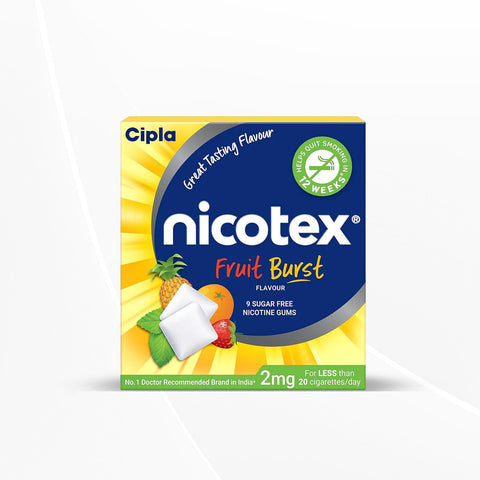 Cipla Nicotex Nicotine Sugar Free Fruit Burst Gums 2mg | 12 Gums each pack | Pack of 10