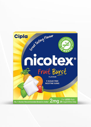 Cipla Nicotex Nicotine Sugar Free Fruit Burst Gums 2mg | 9 Gums each pack | Pack of 18