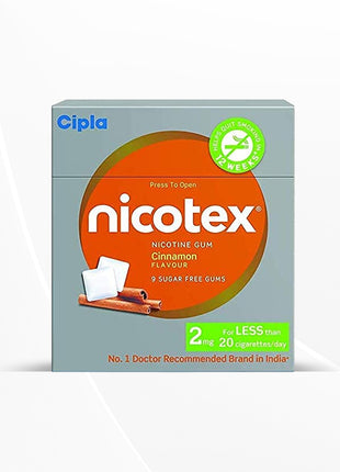 Cipla Nicotex Nicotine Sugar Free Gums 2mg | Cinnamon | 9 Gums each pack | Pack of 4