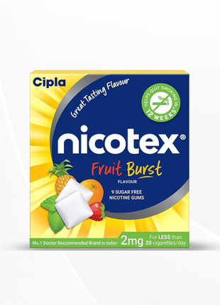 Cipla Nicotex Nicotine Sugar Free Gums 2mg | Fruit Burst | 9 Gums each pack | Pack of 4
