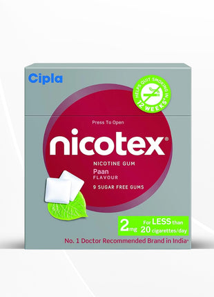 Cipla Nicotex Nicotine Sugar Free Paan Gums 2mg | 9 Gums each pack | Pack of 18