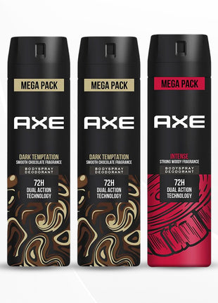 Axe Intense Long Lasting Deodorant 215 ml & Axe Dark Temptation Bodyspray 215 ml (Pack 3)