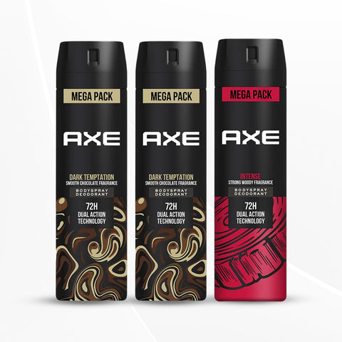Axe Intense Long Lasting Deodorant 215 ml & Axe Dark Temptation Bodyspray 215 ml (Pack 3)