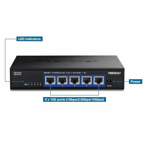 TRENDnet 5-Port 10G Switch, TEG-S750, 5 x 10G RJ-45 Ports, 100Gbps Switching Capacity, Supports 2.5G and 5G-Base-T Connections, Ethernet Splitter, NDAA & TAA Compliant, Lifetime Protection, Black