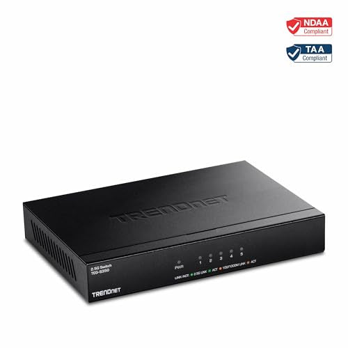 TRENDnet 5-Port Unmanaged 2.5G Gaming Switch, TEG-S350, 5 x 2.5GBASE-T Ports, 25Gbps Switching Capacity, Ethernet Splitter, NDAA & TAA Compliant, Fanless, Wall Mountable, Lifetime Protection, Black