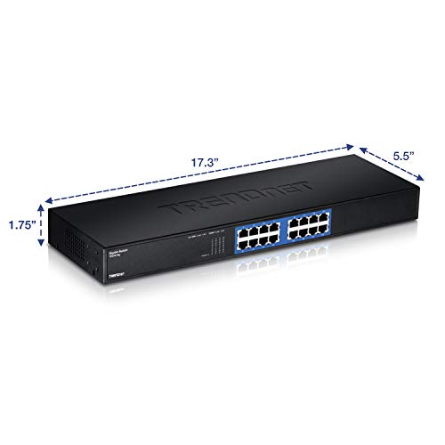 TRENDnet - TEG-S16G 16-Port Unmanaged Gigabit GREENnet Switch, TEG-S16G, 16 x RJ-45 Ports, 32 Gbps Switching Capacity, Fanless, Rack Mountable, Network Ethernet Switch, Lifetime Protection Black