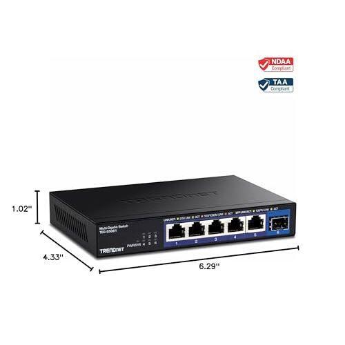 TRENDnet 6-Port Unmanaged 2.5G Switch with 10G SFP+Port, TEG-S5061, 5 x 2.5GBASE-T Ports, 45Gbps SwitchingCapacity, Fanless, Wall Mountable,Lifetime Protection,Black