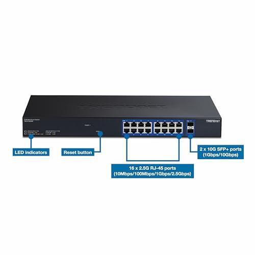 TRENDnet 18-Port Multi-Gig Web Smart Switch, TEG-3182WS, 16 x 2.5Gb Ports, 2 x 10Gb SFP+ Ports, NDAA TAA Compliant, Lifetime Protection, Remote Cloud Management, Black