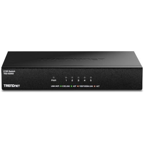 TRENDnet 5-Port Unmanaged 2.5G Gaming Switch, TEG-S350, 5 x 2.5GBASE-T Ports, 25Gbps Switching Capacity, Ethernet Splitter, NDAA & TAA Compliant, Fanless, Wall Mountable, Lifetime Protection, Black