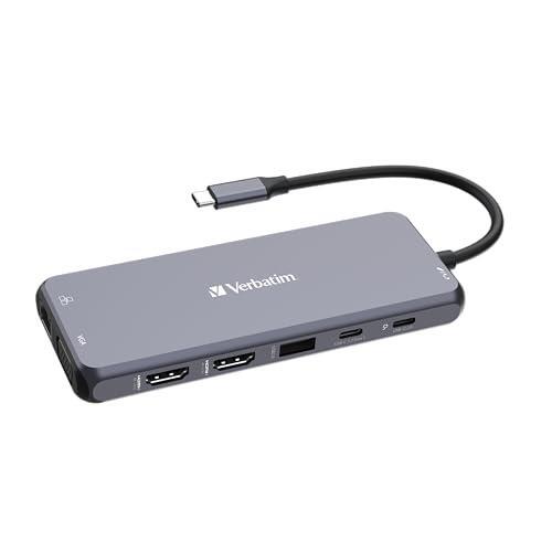 Verbatim USB C Hub 14-in-1 Multiport Adapter USB-C to HDMI, VGA, RJ45, USBA-A and USB-C PD, with SD Card Reader, for Mac, MacBook Pro/Air, iPad Pro, Thinkpad, Windows Computer, Laptop and Co, gray