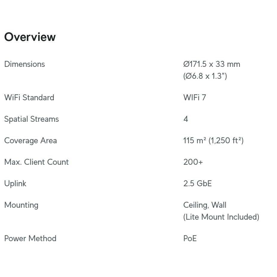 Ubiquiti U7 Lite WiFi 7 Access Point, 4 Spatial Streams, 2.5 GbE Uplink, Ceiling Mount