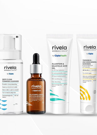 Rivela Dermascience Skin Routine | Cleanser (100ml), Serum (10ml), Gel (50ml) & Sunscreen (50ml)