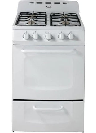 Avanti Gas Range Oven, Compact Freestanding Design, 2.6-Cu.Ft. Capacity 4 Sealed Burners with Electronic Ignition, Includes Broiler Storage Drawer and Accessories, 24-Inch, White