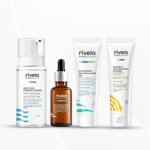 Rivela Dermascience Dry and Dull Skin Routine | Cleanser (100ml), Serum (10ml), Gel (50ml) & Sunscreen (50ml)