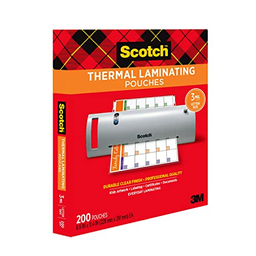 Scotch Thermal Laminating Pouches, 200 Count, Clear, 3 mil., Ideal Office or School Supplies, Fits Letter Sized Paper (8.9 in. × 11.4 in.)
