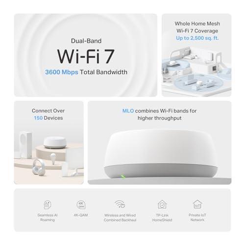 TP-Link Deco BE23 Dual-Band BE3600 WiFi 7 Mesh Wi-Fi Router | 4-Stream 3.6 Gbps,160 Mhz | Covers up to 2,500 Sq.Ft | 2× 2.5G Ports Wired Backhaul | VPN, MLO, HomeShield, Free Expert Help, 1-Pack