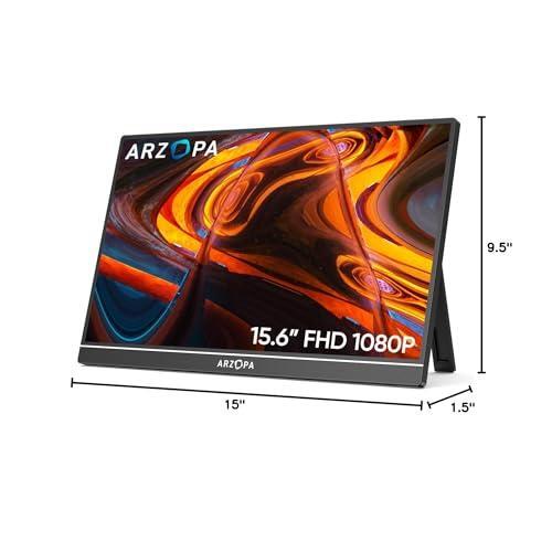 ARZOPA Portable Monitor 15.6'' FHD 1080P - Ultra-Slim Portable Laptop Monitor with Kickstand - IPS Display for PC, MAC, Phone, Xbox, PS5 - USB C & HDMI Connectivity - A1