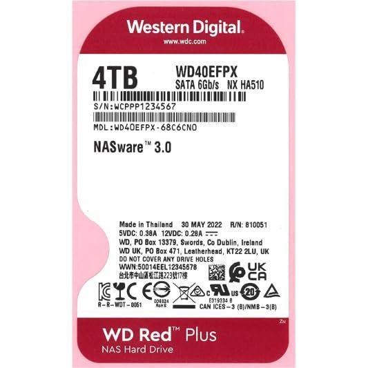 Western Digital 4TB WD Red Plus NAS Internal Hard Drive HDD - 5400 RPM, SATA 6 Gb/s, CMR, 256 MB Cache, 3.5" -WD40EFPX
