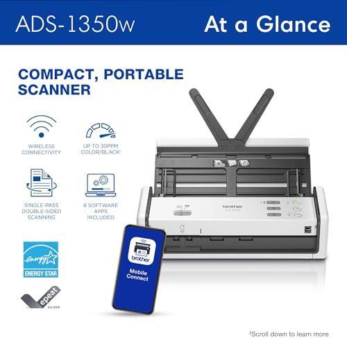 Brother ADS-1350W Wireless Compact Desktop Scanner | Scan Speeds of Up to 30ppm | Single Pass Double-Sided Scanning