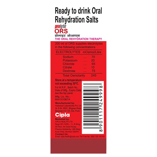 Cipla Prolyte Ors Ready To Drink Oral Rehydration Contains Vital Electrolytes | Restores Body Fluids & Electrolytes Lost Due To Sweating, Diarrhea & Vomiting | Who Formula (Apple, Pack Of 10, Liquid)