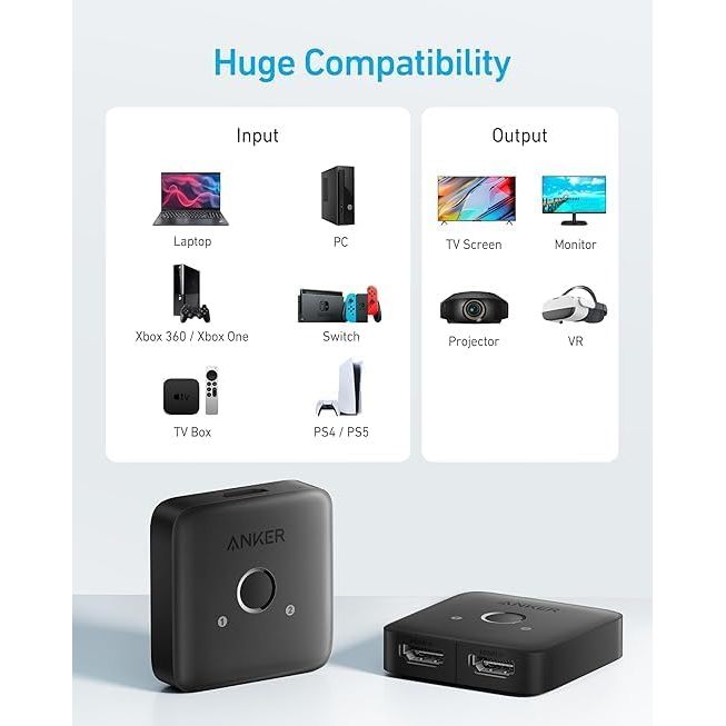 Anker HDMI Switch, 4K@60Hz HDMI Switcher, 2 in 1 Out with Smooth Finish, Supports HDR, 3D, Dolby, Compatible with Laptops, PC, Xbox Series, PS5 / PS4, Projector, and More