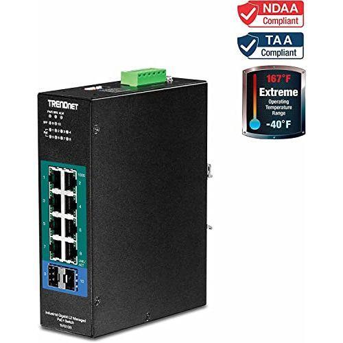 TRENDnet 10-Port Industrial Gigabit L2 Managed PoE+ DIN-Rail Switch, 8 x Gigabit PoE+ Ports, DIN-Rail Mount, 2 x SFP Slots, 24–57V DC Power Input, IP30, VLAN, Lifetime Protection, Black, TI-PG102i