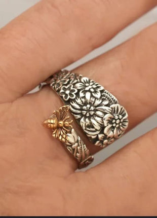 925 Sterling Silver Garden Flower Bee Ring Vintage Creative Bee Entangled Flower Cluster Bee Insect Cute Spoon Sunflower Sunflower Ring Jewelry-Making-Patterns