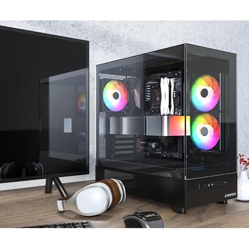 MONTECH XR, ATX Mid-Tower PC Gaming Case, 3 x 120mm ARGB PWM Fans Pre-Installed, Full-View Dual Tempered Glass Panel, Wood-Grain Design I/O Interface, Support 4090 GPUs, 360mm Radiator Support, Black