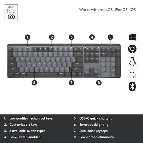 Logitech MX Mechanical Mini Wireless Illuminated Keyboard, Tactile Quiet Switches, Backlit, Bluetooth, USB-C, macOS, Windows, Linux, iOS, Android, Metal