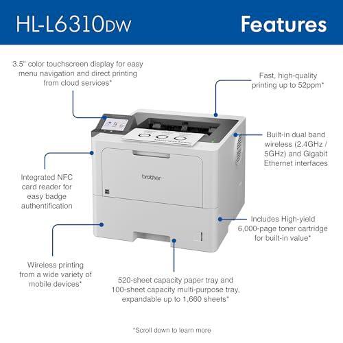 Brother HL-L6310DW Enterprise Monochrome Laser Printer with Low-Cost Printing, WirelessNetworking, and Large Paper Capacity, Works with Alexa