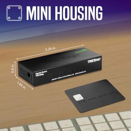 TRENDnet 8-Port Mini Gigabit Switch, TEG-S80g, Ethernet Splitter, NDAA + TAA Compliant, Desktop Metal Ethernet Network Switch, 8 x Gigabit Ports, Fanless, Lifetime Protection, Black