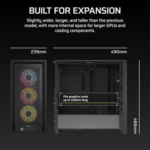 CORSAIR 4000D RS ARGB Frame Modular Mid-Tower ATX PC Case – High Airflow, 3X Pre-Installed RS ARGB Fans, InfiniRail™ Fan Mounting System, ASUS BTF, MSI Project Zero, Gigabyte Project Stealth – Black