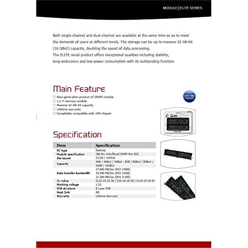 TEAMGROUP Elite DDR4 16GB Single 2666MHz (PC4-21300) CL19 Unbuffered Non-ECC 1.2V UDIMM 288 Pin PC Computer Desktop Memory Module Ram Upgrade - TED416G2666C1901