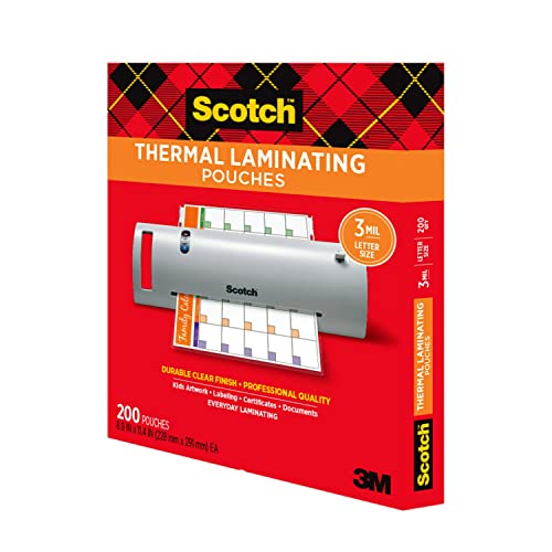 Scotch Thermal Laminating Pouches, 200 Count, Clear, 3 mil., Ideal Office or School Supplies, Fits Letter Sized Paper (8.9 in. × 11.4 in.)