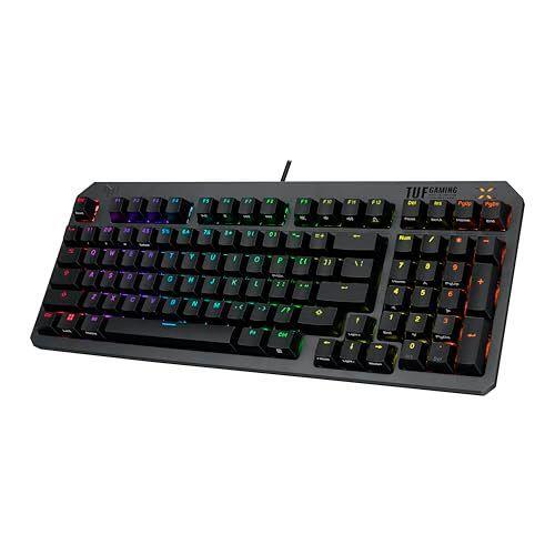 ASUS TUF Gaming K3 Gen II keyboard with compact 97-key, optical-mechanical RGB Blue (Clicky) switches, silicone-gasket mount, dampening foam, IP57 waterproofing, a detachable top plate, and Aura Sync.