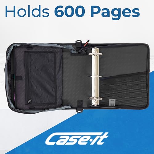 Case-it Mighty Zip Tab School Zipper Binder | 3-Inch O-Rings, 600-Sheet Capacity, 5-Subject Expanding File Folder, Multiple Pockets & Storage Organizer, Shoulder Strap | D-146 Jet Black