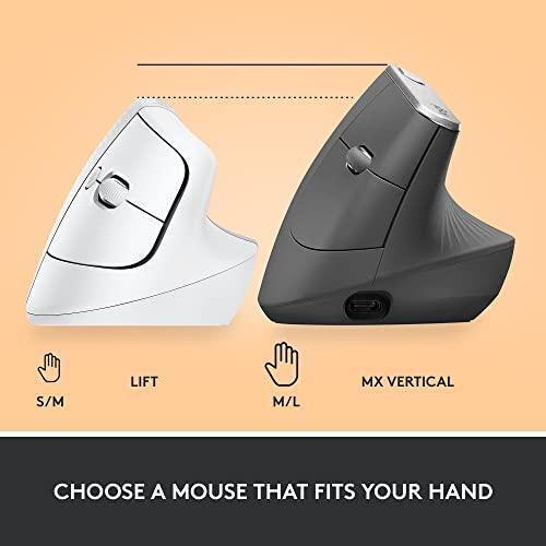 Logitech Lift Vertical Ergonomic Mouse, Wireless, Bluetooth or Logi Bolt USB receiver, Quiet clicks, 4 buttons, compatible with Windows/macOS/iPadOS, Laptop, PC - Off White
