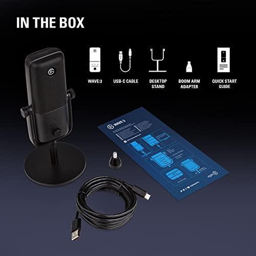 Elgato Wave:3 - Premium Studio Quality USB Condenser Microphone for Streaming, Podcast, Gaming and Home Office, Free Mixer Software, Sound Effect Plugins, Anti-Distortion, Plug ’n Play, for Mac, PC
