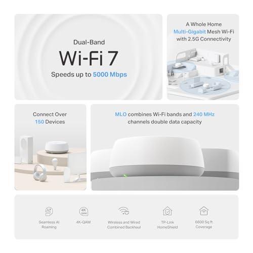 TP-Link Deco BE25 Dual-Band BE5000 WiFi 7 Mesh Wi-Fi System | 4-Stream 5 Gbps, 240 Mhz | Covers up to 6,600 Sq.Ft | 2X 2.5G Ports Wired Backhaul | VPN,MLO, AI-Roaming, HomeShield, 3-Pack