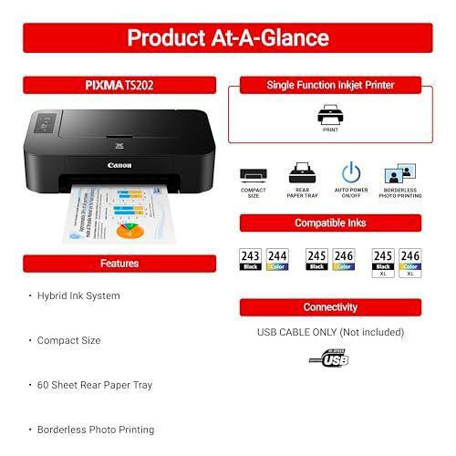 Canon TS202 Inkjet Photo Printer, Black (USB Required, not Included)