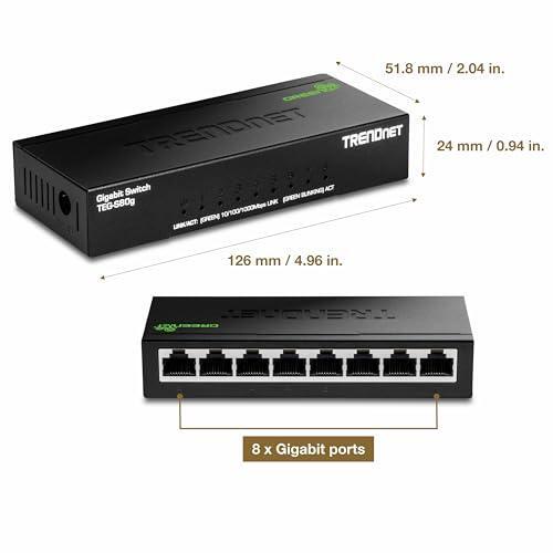 TRENDnet 8-Port Mini Gigabit Switch, TEG-S80g, Ethernet Splitter, NDAA + TAA Compliant, Desktop Metal Ethernet Network Switch, 8 x Gigabit Ports, Fanless, Lifetime Protection, Black