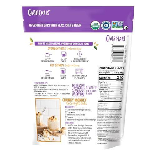 Oatsome Organic Overnight Oats with Chia, Flax, & Hemp, Gluten-Free Oatmeal with 7g of Protein, 2 lb 8 oz (40oz) Bag