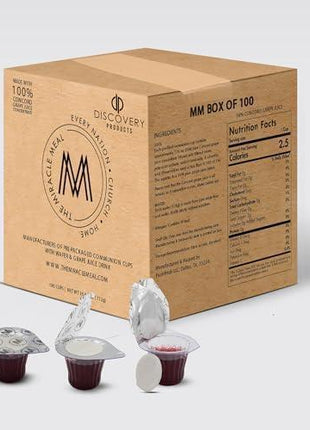 Pre-Filled Communion Cups with Larger Tab and Wafer Set - Box of 100 - Made with Concord Grape Juice & Wafer - Made in the USA