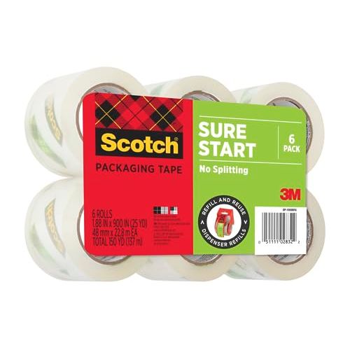 Scotch Sure Start Packing Tape, Clear, Quiet Unwind and Easy Start, 1.88 in. x 25 yd., 6 Tape Rolls, Designed for Packing, Shipping and Mailing, No Splitting or Tearing, 1.5" Core, Packaging May Vary